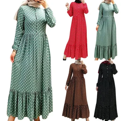 

2020 Fall Turkish Muslim Women Long sleeve dresses Pop Polka Dot Ruffle Maxi Skirt Fashion Ladies High Waist Abaya Dress Arabic, Orange, green, yellow, dark blue, blue, pink