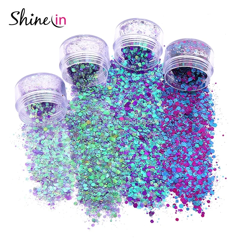 

Shinein Eco friendly Green Blue Shimmer Chunky Glitter Makeup Hair Nail Face Powder Glitter Body Glitter for Party Decoration