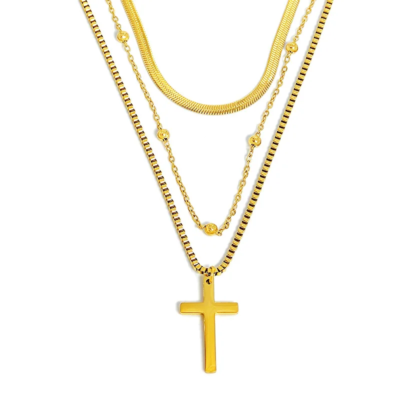 

Cross Necklaces Tarnish Free Dainty PVD 14K Gold Stainless Steel Snake Box Chain 3 Layered Necklace Choker