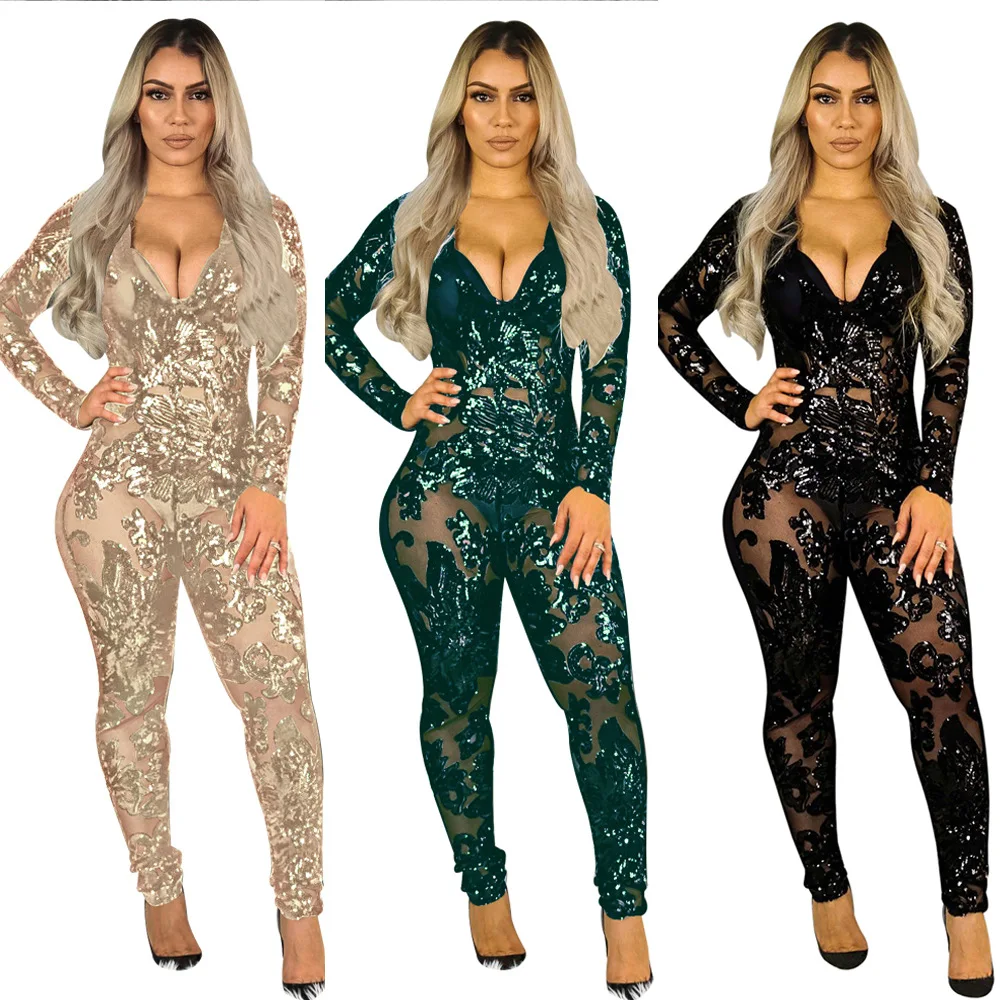 

Nightclub Women Clothing New 2020 Slim Autumn Sequin Perspective Deep V One-piece for Autumn Sexy & Club 3 Colors 1 Piece Insert