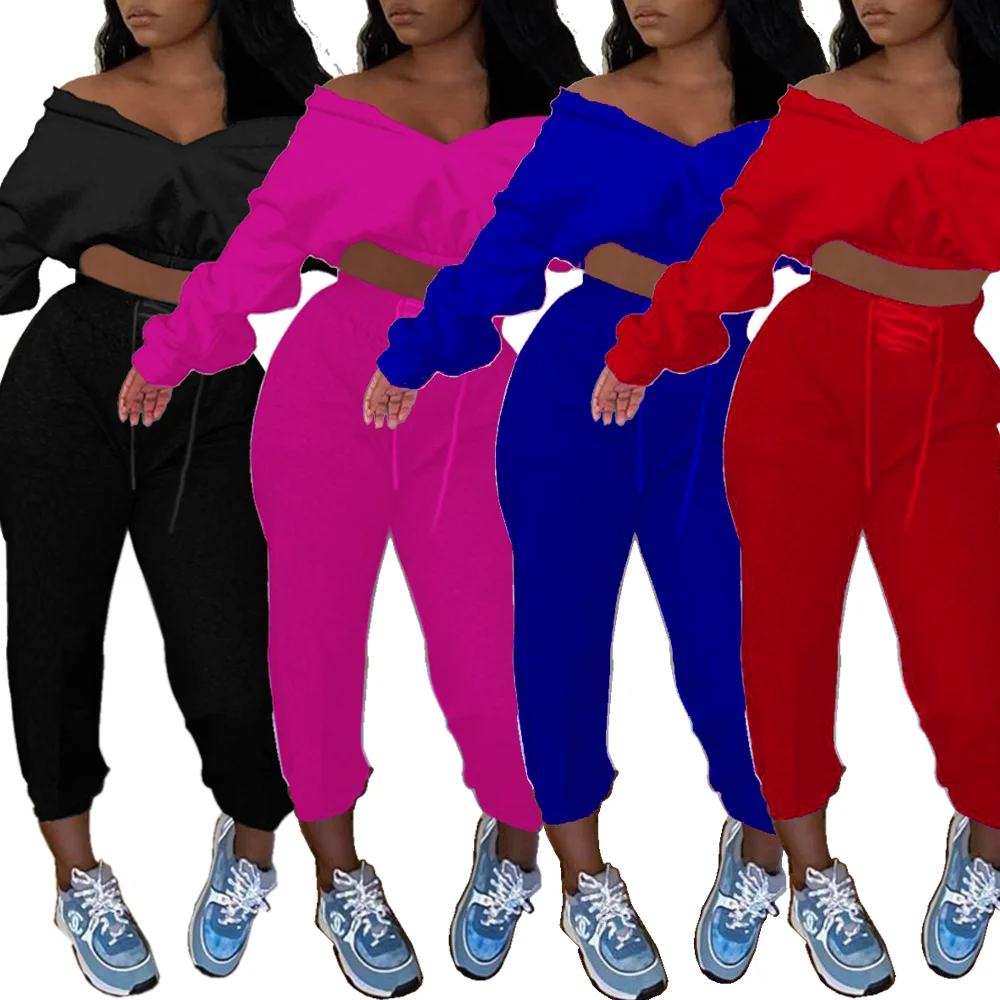 

2020 New Fall Casual Woman Two Piece Long Puff Sleeves Sets Women Clothing Low Cut Jogger Set Outfit Women Sexy 2 Piece Set, Red, black, rose red, blue