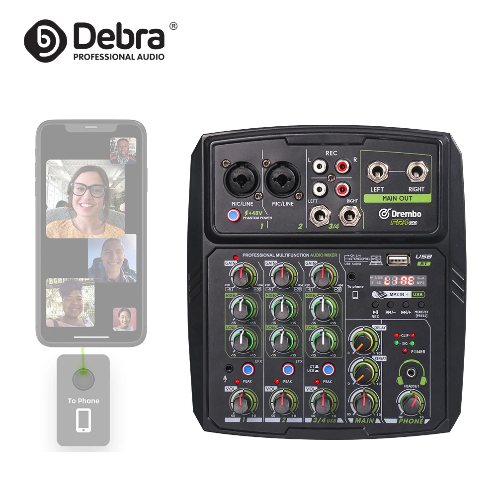 

Debra Audio FR4GO professional mini audio mixer DJ console live sound card for smartphone PC recording Streaming podcast, Black