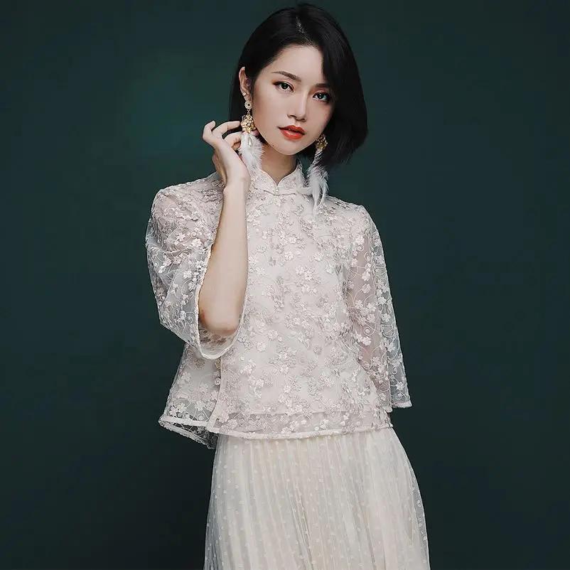 

JINYE Beige Three-quarter Sleeve Floral Embroidered Lace Tang Suit Shirt Top Blouse