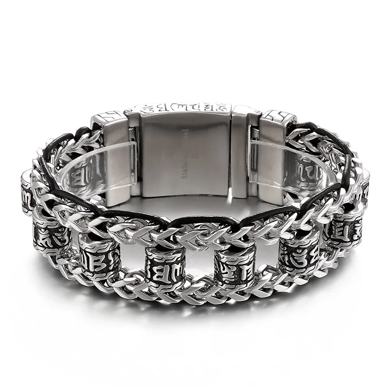KALEN Mens Retro Stainless Steel&Cowhide Link Bracelet With Ancient Ethnic Symbols Charms