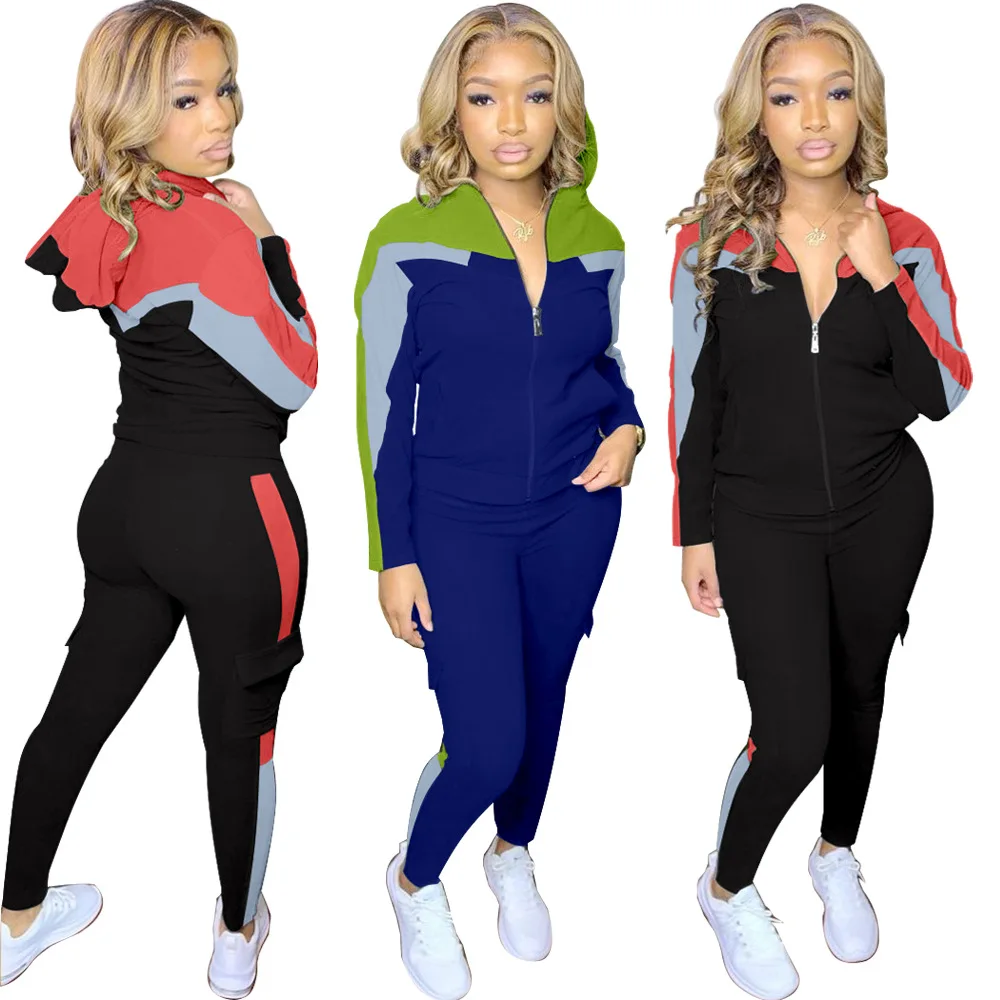 

2021 New Arrivals Fashion Women Hooded Long Sleeve Jacket Side Pockets Pants 2 Pieces Set Color Patchwork Outfits Tracksuit, Picture show