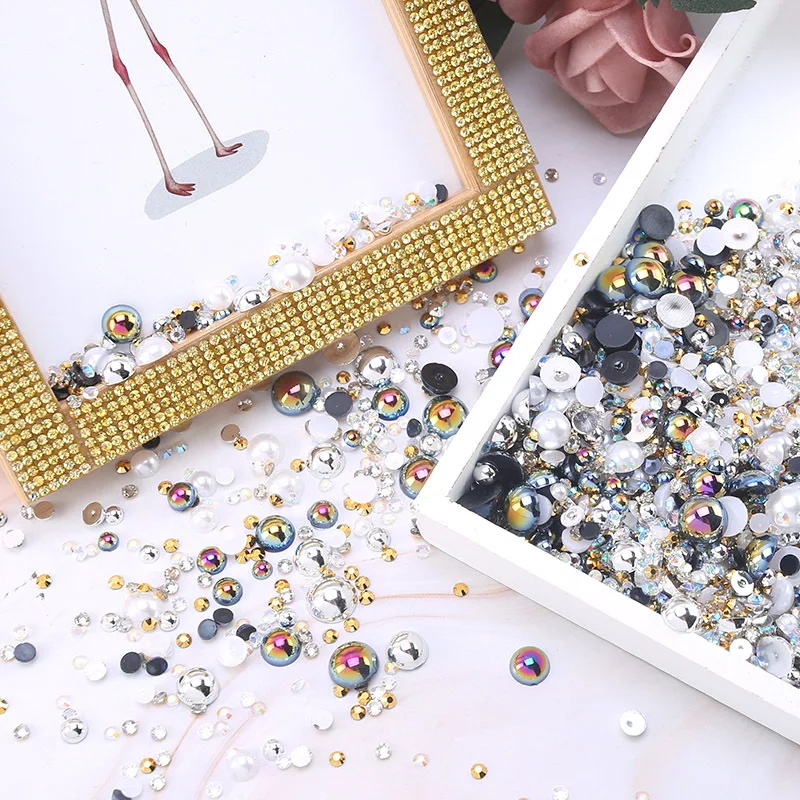 

Yantuo 3mm-10mm Mix Sizes Color Mix Half Round Flat Back Pearls Resin Rhinestones For Clothing Decoration