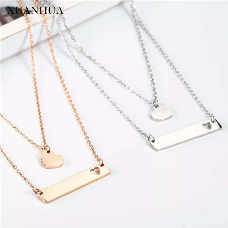 

Simple Stainless Steel Double layer Gold Silver Engraved Name Heart Necklace Personalized Bar Necklaces Women Lovely Jewelry, Picture