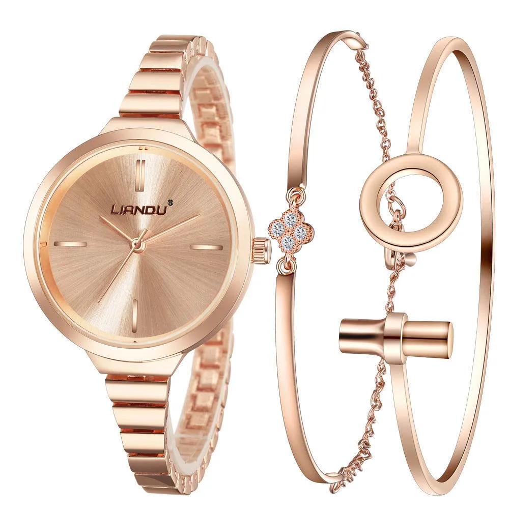 

2020 casual decorative watch ladies simple waterproof 3pcs rose gold bracelet gift set women watch
