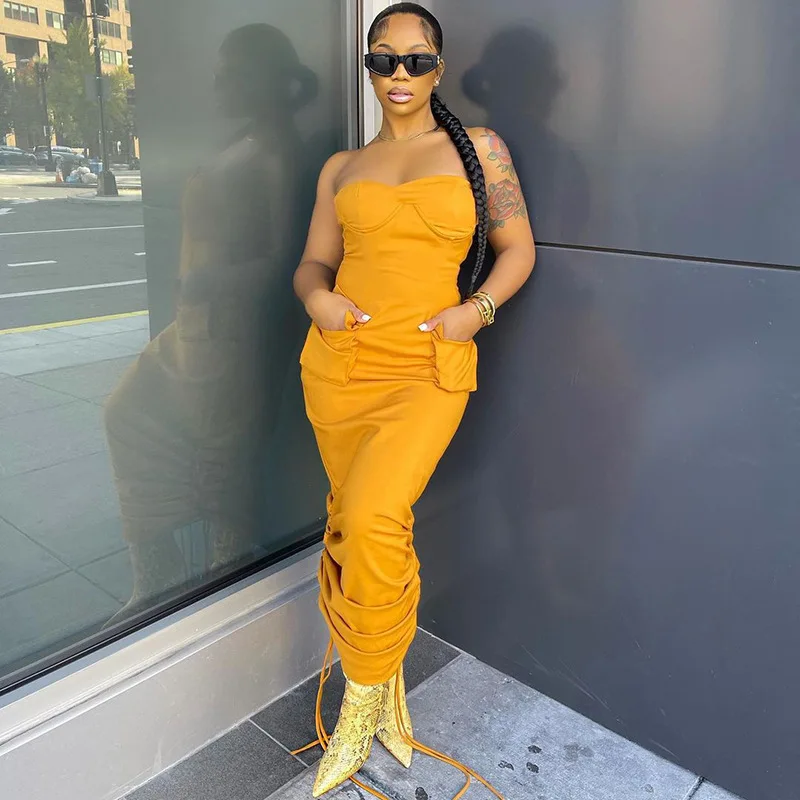 

LvCong 2022 Spring new arrive wrinkle summer dress with pockets tight strapless dress solid color tube dresses