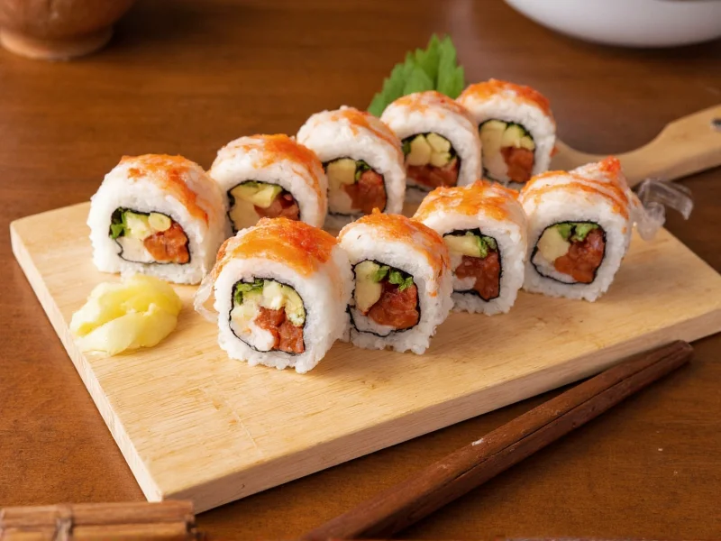Perfectly sliced sushi rolls on wooden board