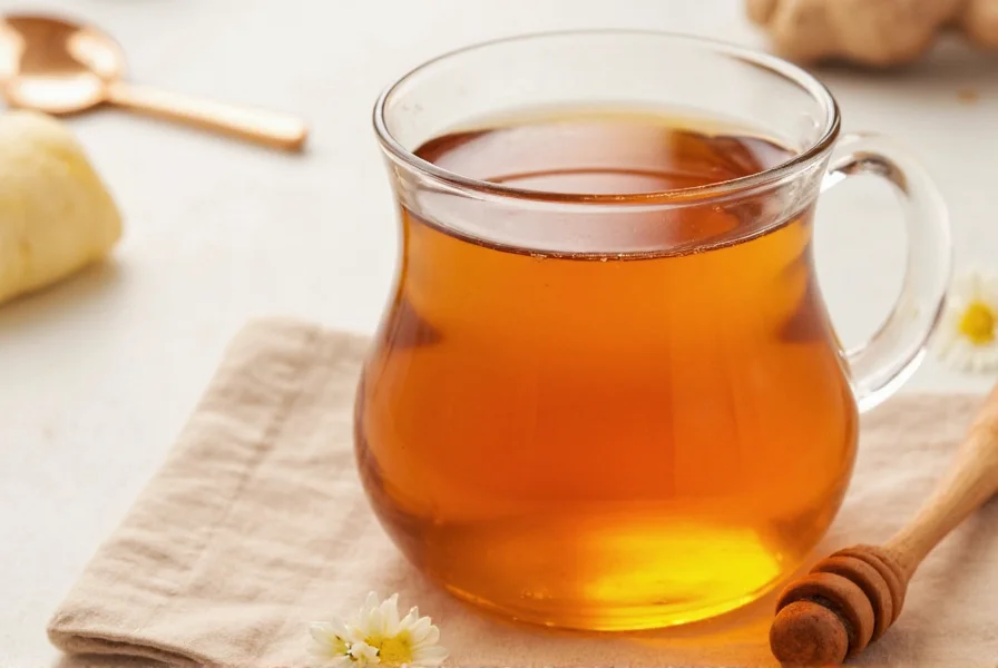 Fresh ginger root slices steeping in golden tea with honey drizzle