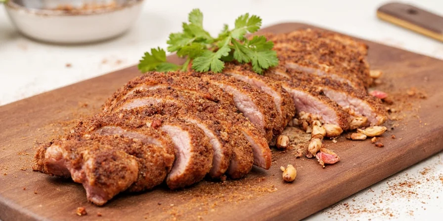 Mediterranean style seasoned pork loin on a platter.