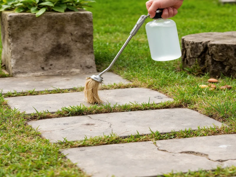 Applying vinegar weed killer to cracks in stone pathway