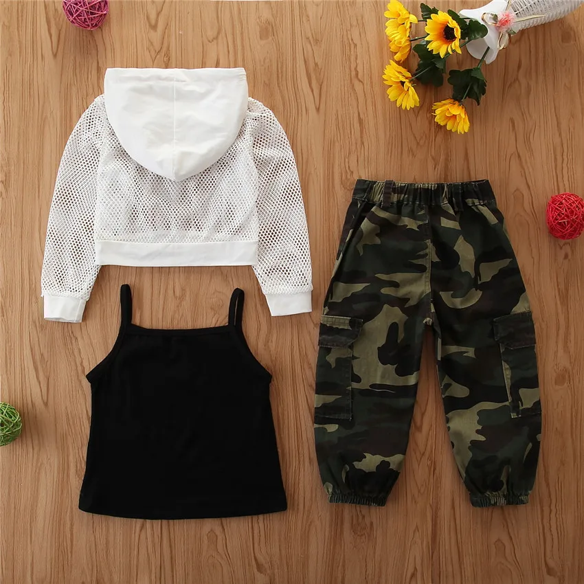 

Fashion Kids Girls Clothes Set Kids Summer Hooded Jacket Vest Caamouflage Pants 3pcs Set Girls Hollow Sweet Shirt Suit, As picture