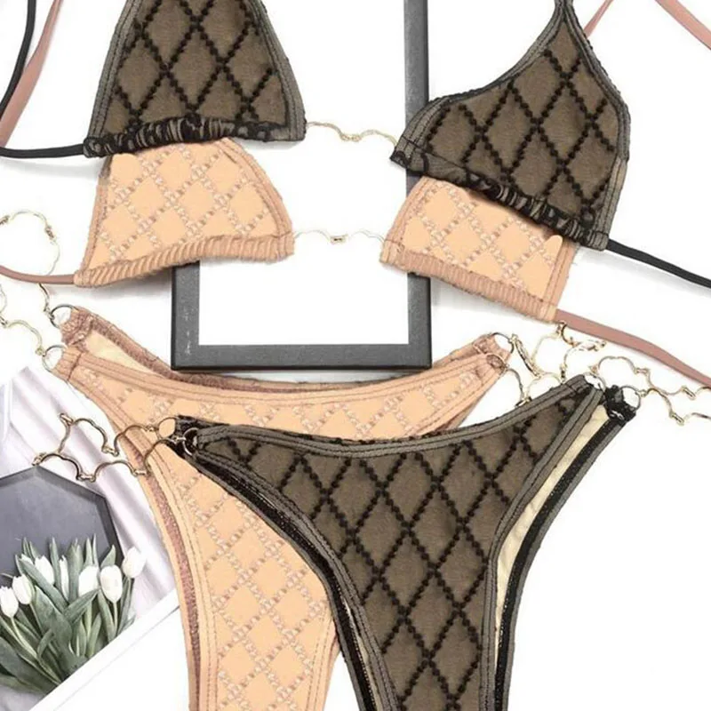 

2 Colors Sexy Fashion Lace Metal Hollow Letter Chain Women Brazilian Bikini Set