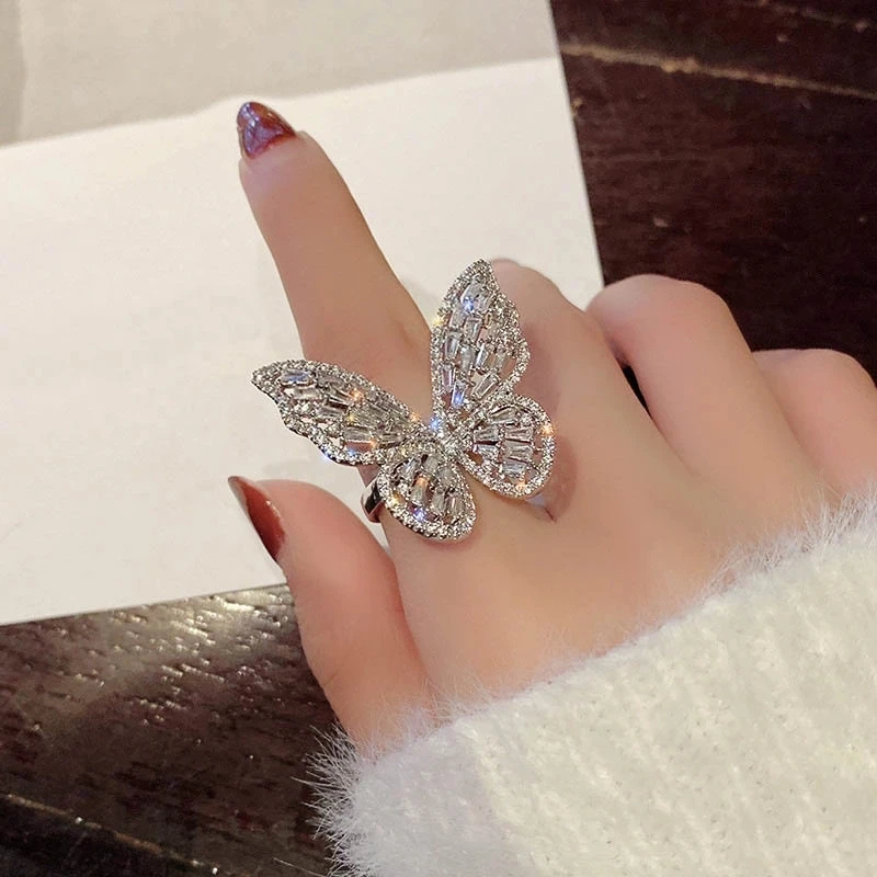

Exaggerated Shiny 2.9*3.2CM Crystal Rings Opening Adjustable Fashion Big Butterfly Zircon Ring Women Jewelry, Gold/silver