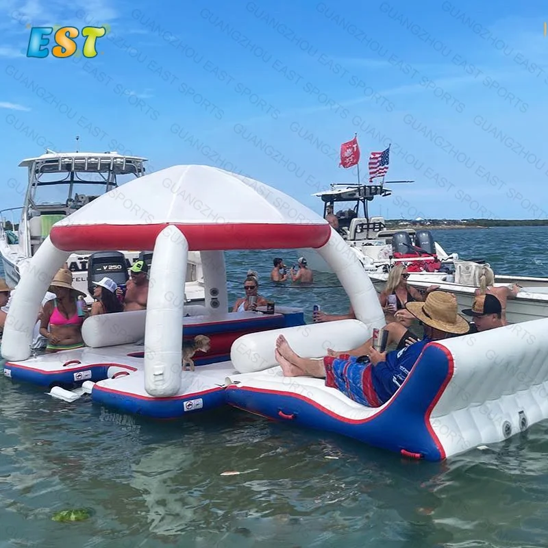 

China Factory Inflatable Floating Deck Island Inflatable Boat Swim Platform with ladder, Grey, white, teak brown/black,