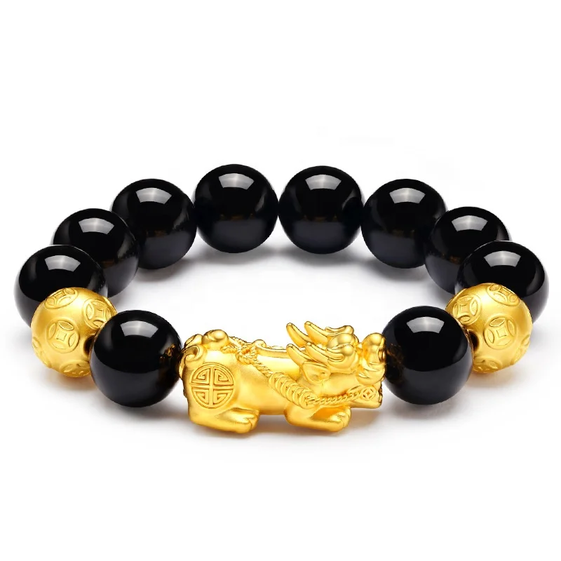 

Chinese Original Gold Fengshui Pi Xiu Black Obsidian Jade Stones Pi Yao Beads Wealth Piyao Lucky Pixiu Feng Shui Bracelet