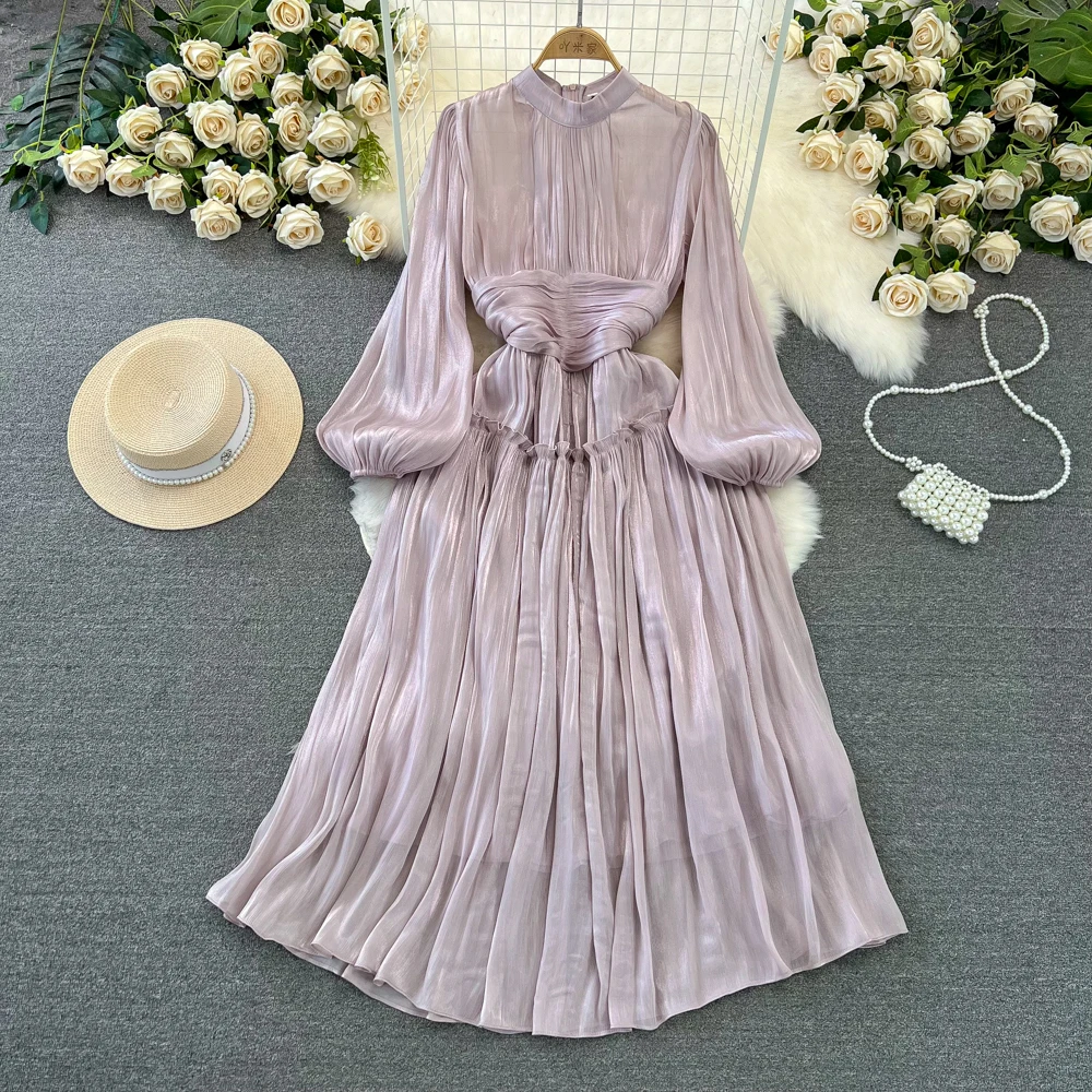 Wholesale 2026 Spring Korean Edition Lantern Long Sleeved Standing Neck Waist Slimming Wrinkle A-line Sequin Women's Dress