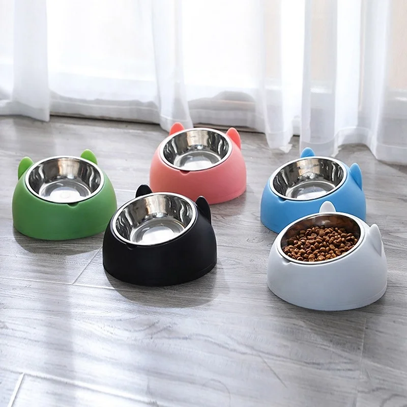 

Cartoon Kitten Plastic Pet Water Food Bowls Stainless Steel Metal Tilt Cat Bowl