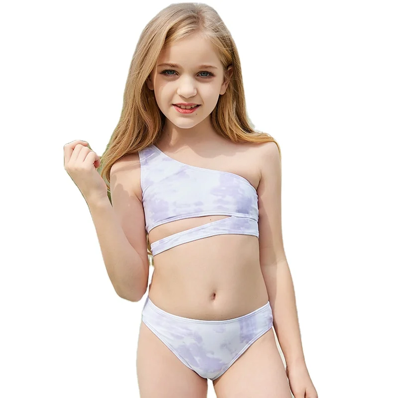 

Designer Fashionable Tie Dyed One Shoulder Hollow Out Crop Vest Briefs Girl's Bikini Kids Two Piece Swimwear