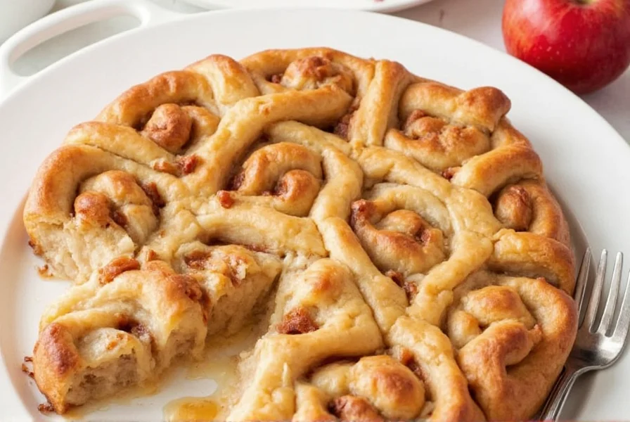 Finished cinnamon roll apple pie with perfect golden crust and visible cinnamon swirls in the filling