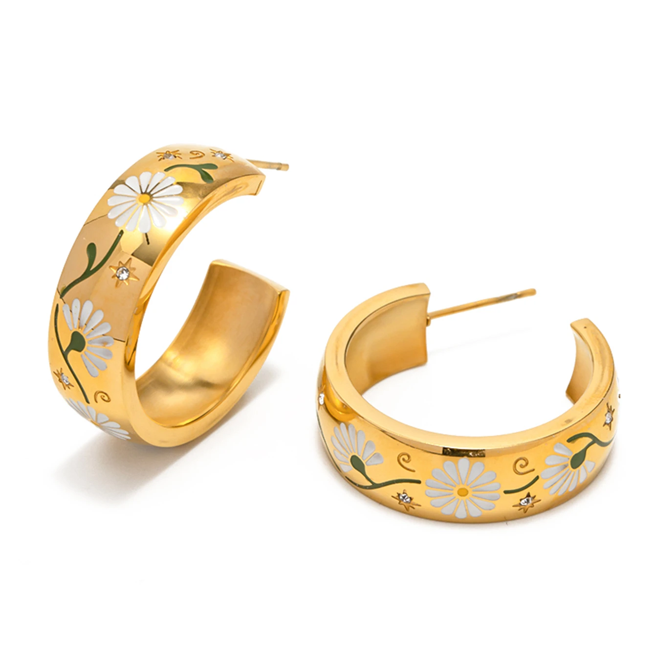 

Enameled Wild Daisy Flower Symbolism Cubic Zircon PVD 18K Gold Plated Stainless Steel Hoop Earring