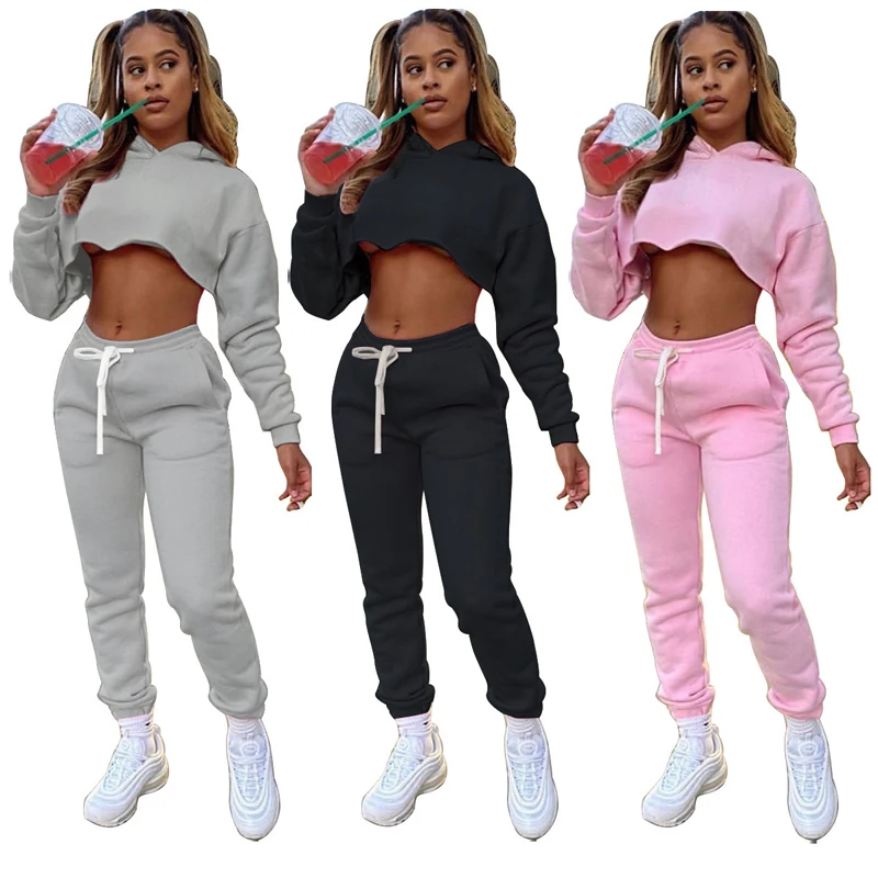 

2021 New Fall Winter Tracksuits Hoodies Crop Tops Clothing For Women Joggers Thick Casual 2 Piece Sweat Pants Sets Jogging Suits, 5 colors as picture