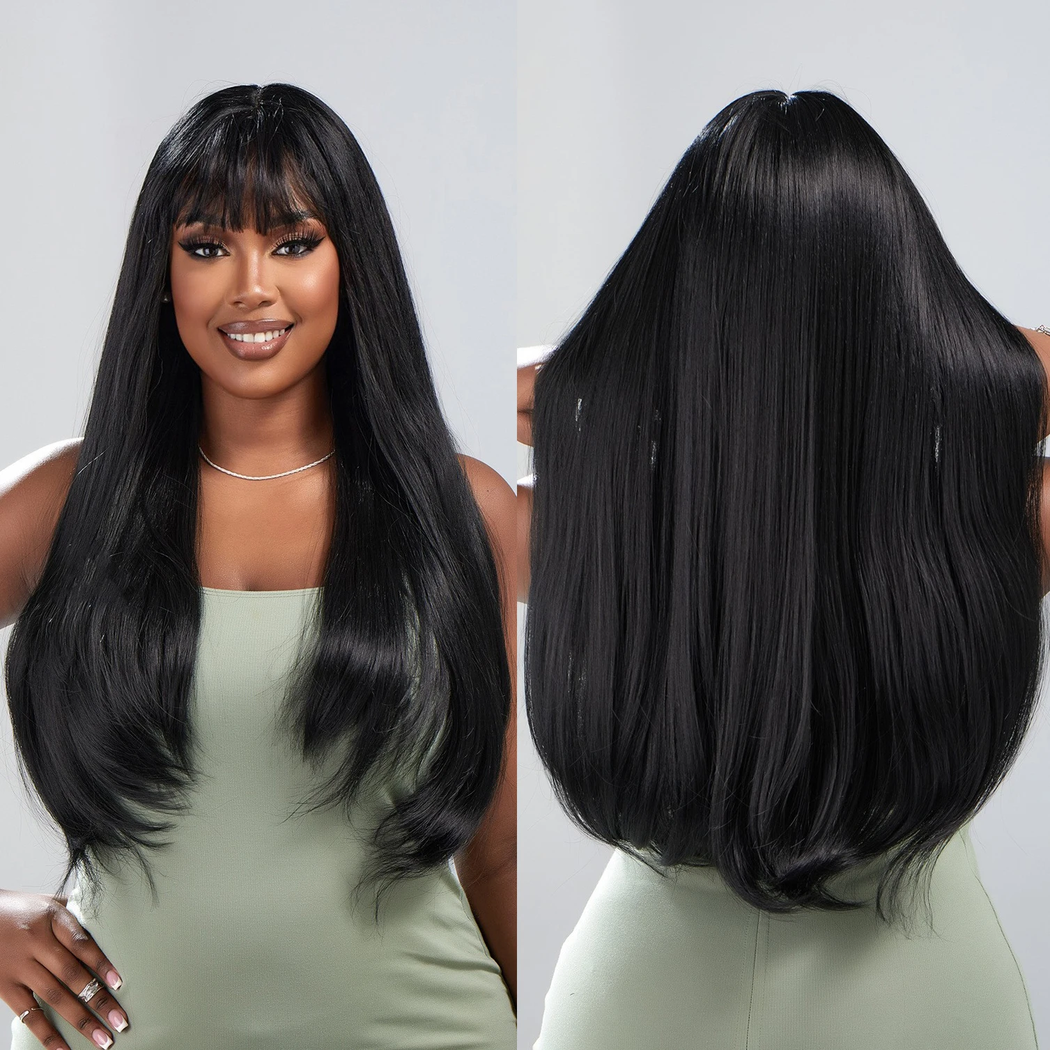Long Straight Synthetic Hair Wigs with Full Bang Black Natural Woman Wig for Afro Women Cosplay Costume Daily Wig Heat Resistant