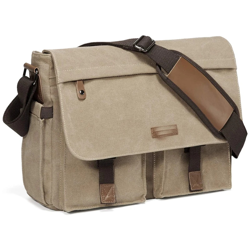 

Laptop 15.6 Inch Mens Vintage PU Leather Canvas Briefcase Large Satchel Shoulder Rugged Messenger Bag