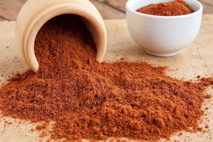 Three small glass spice jars containing cinnamon, nutmeg, and cloves arranged on a wooden kitchen counter
