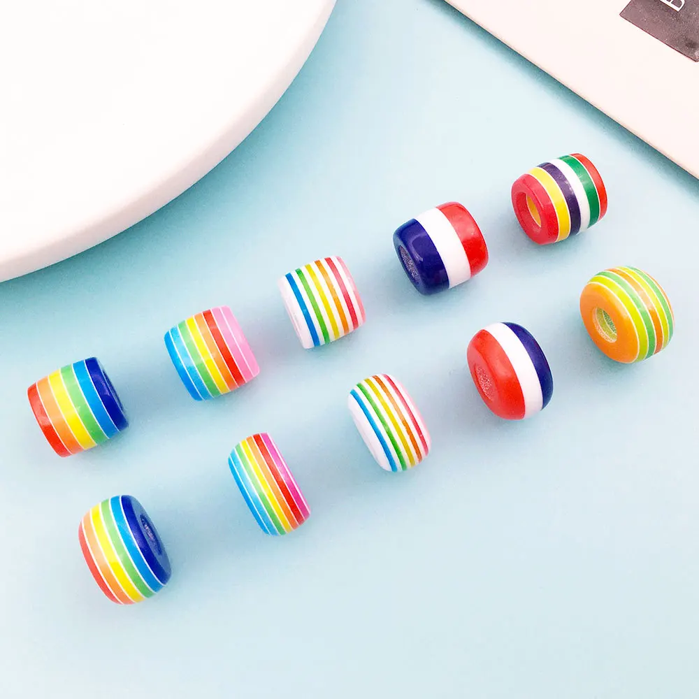 

resin stripe large hole bead acrylic seven color rainbow loose bead DIY bracelet Hole Cylinder Beads For Craft Jewelry Making