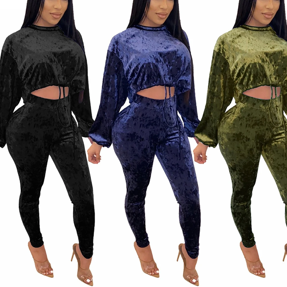 

Fashion Casual Solid Color Crop Top Velvet Pants Women Two Piece Outfits Pant o neck crop top two piece set