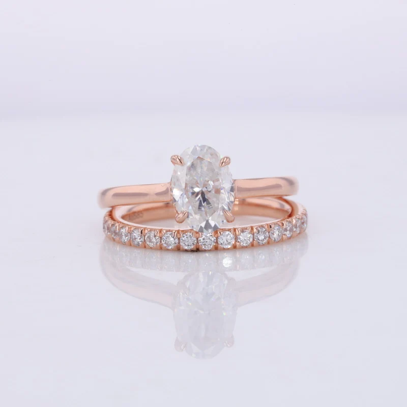 

Starsgem 14K Solid Rose Gold Oval Crushed ice cut Moissanite Engagement Ring Set