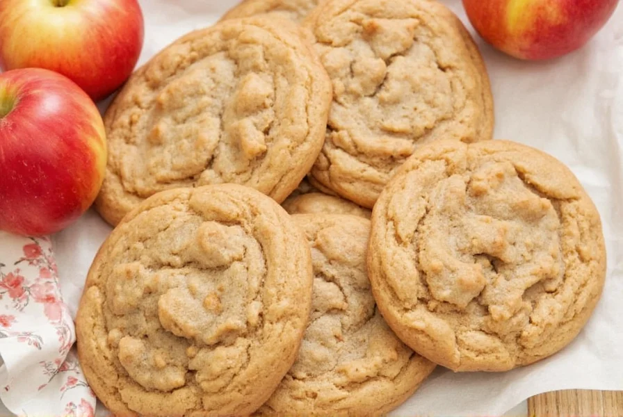 Perfectly baked apple cinnamon cookies on cooling rack with fresh apples and cinnamon sticks