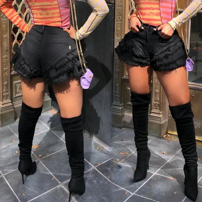 

jean shorts women Summer Fashion New Arrival 2021 Skinny Slim Middle Waist Ruffles Rip Denim Shorts Women denim shorts, As picture