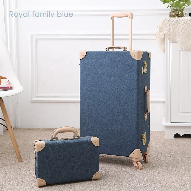 

Fashion Blue Fabric Ride Rolling Trolly Suitcase Retro Travel Light Weight Car Trunk Vintage Suitcase Luggage Carry On