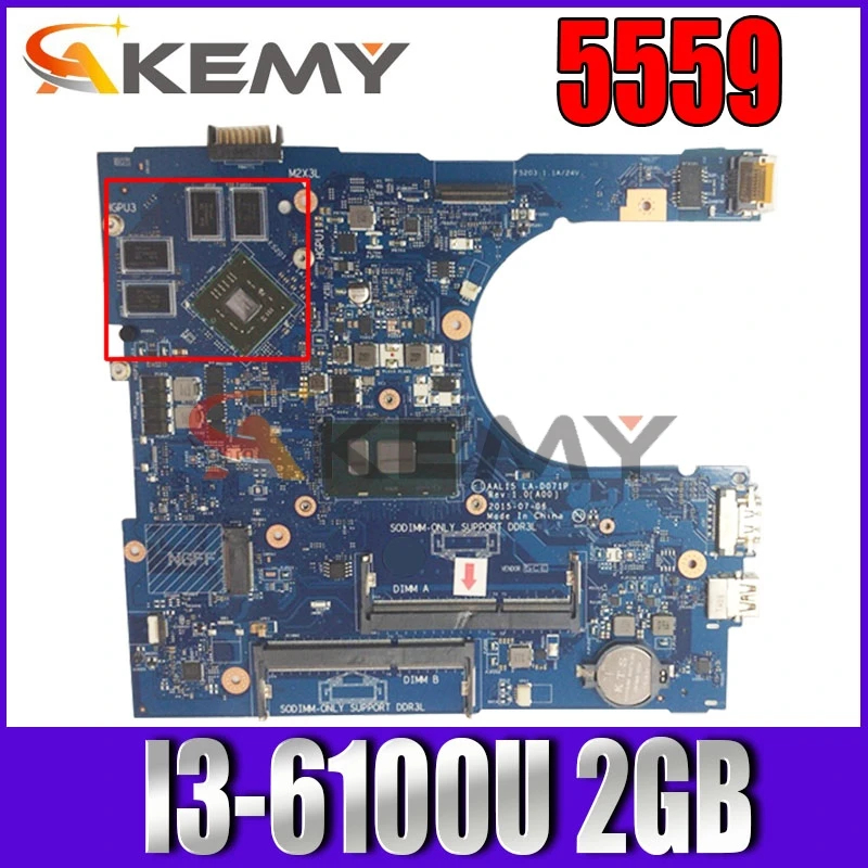 

Wholesale AAL15 LA-D071P for Dell Insprion 5559 Laptop Motherboard CN-0677GT SR2EU I3-6100U DDR3L 2GB Fully Tested&High quality