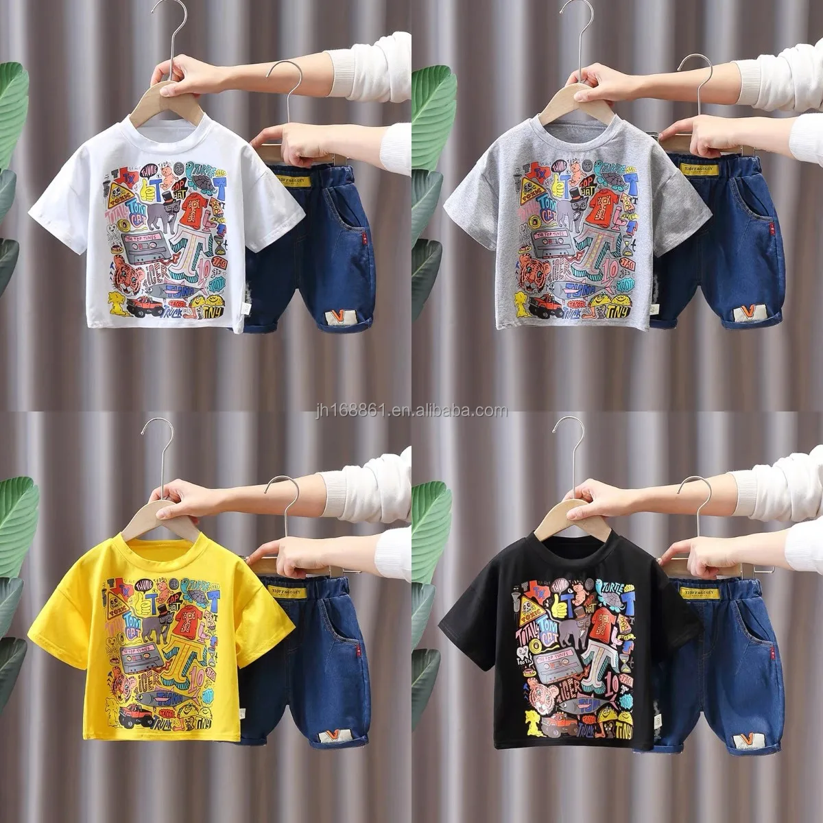 

2021 New high quality wholesale boys 2 T-shirts and jeans children's clothing set discount wholesale, Picture