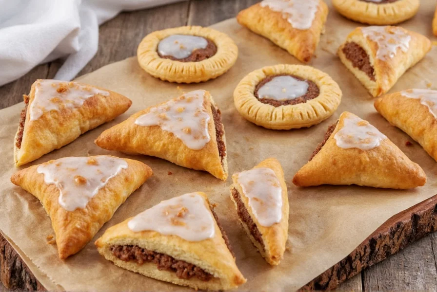Variety of homemade cinnamon brown sugar pop tarts showing different shapes, fillings, and glaze variations on rustic wooden board