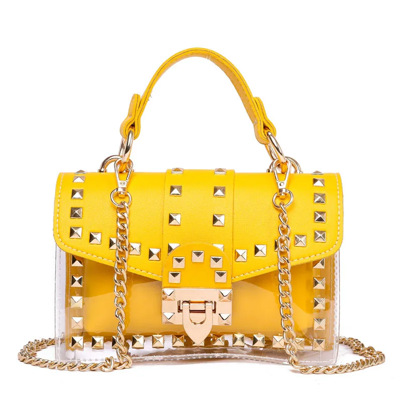 

Fashion Messenger Bag Chain Female Rivets Transparent Square Pvc Handbag Clear Jelly Bag Shoulder Bag