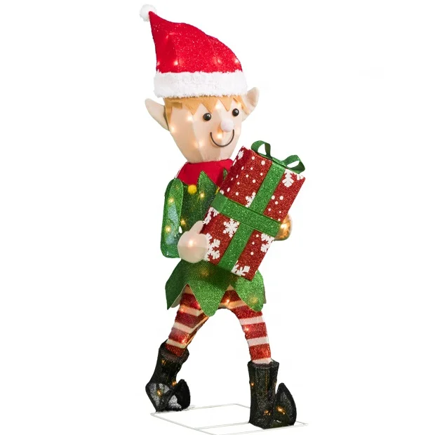 Outdoor Indoor 38IN 50L 3D elf & gift box seasonal lighting Motif Costume Christmas Decoration