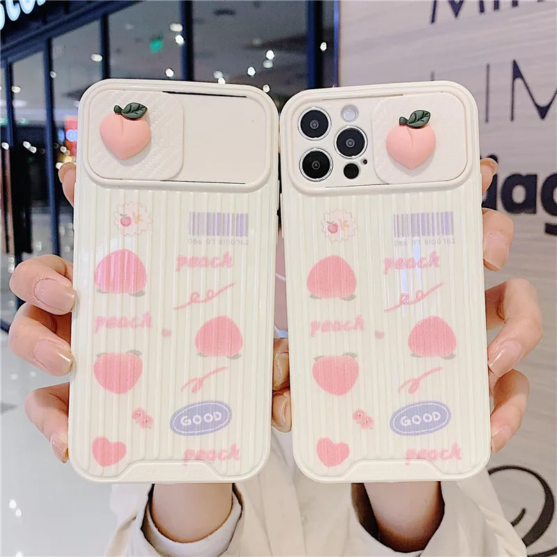 

3D Summer Sweet fruit Peach Phone Case For iPhone 12 11 Pro Mini X XR XSMAX 7 8 Plus Slide Camera Lens Protection Back Cover