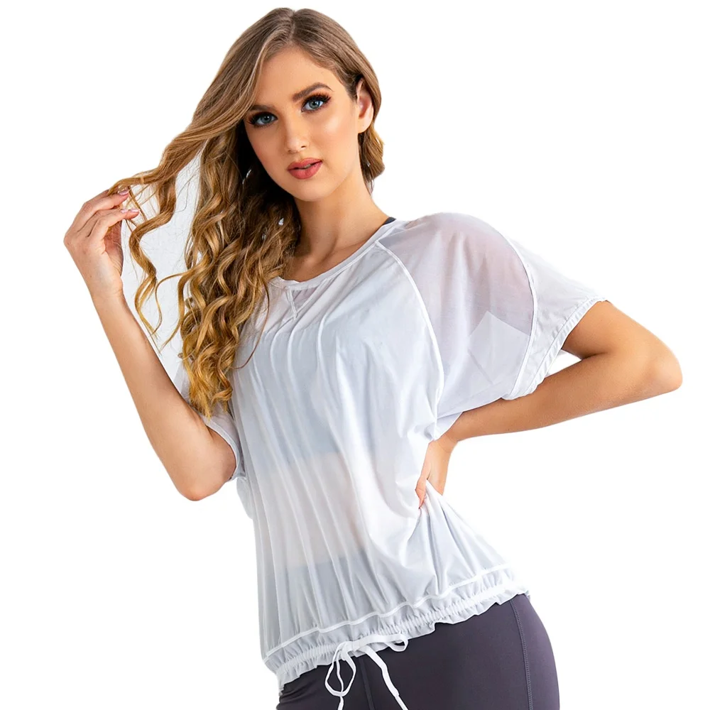 

Low MOQ Hot Sales Yoga Smock For Ladies Short Sleeve T-Shirt With Drawstring Fitness Tops, Can provide different swatchbooks to choose colors