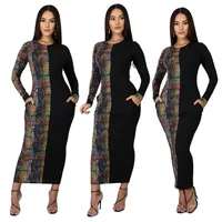 

AB6217 - women fashion stylish snakeskin patch long sleeve bandage maxi dress