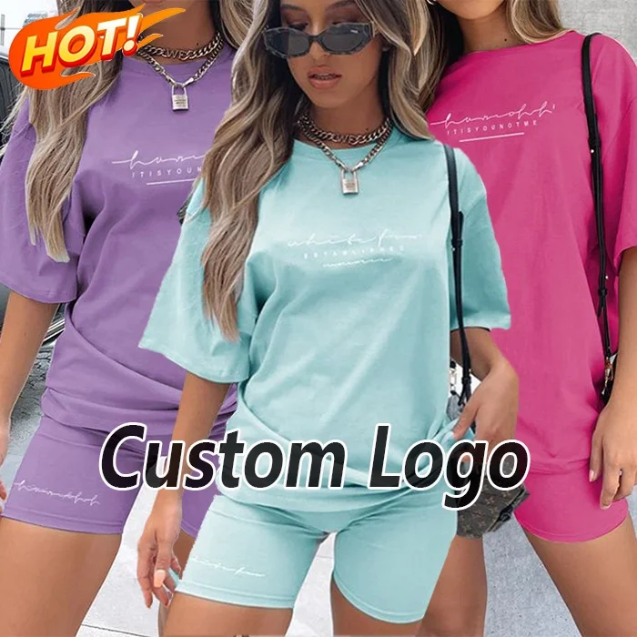 

2021 Custom Direct factory women biker shorts outfit Solid color tshirt women summer trending 2 piece set