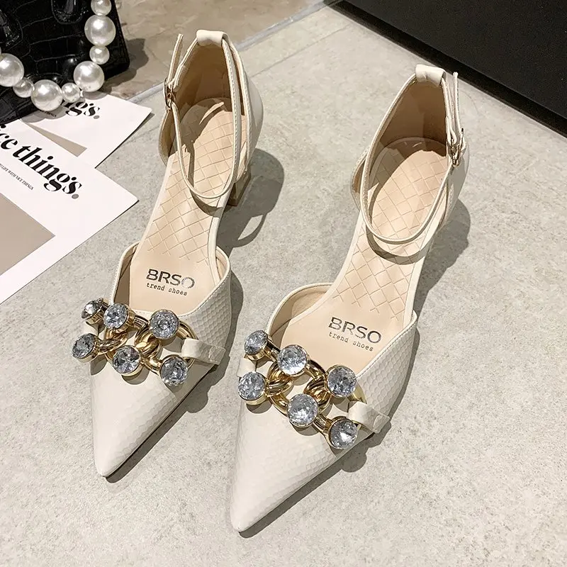 

Hot Sale Summer Modern Pointed Square Root Crystal Breathable Women High Heel Shoes, As picture