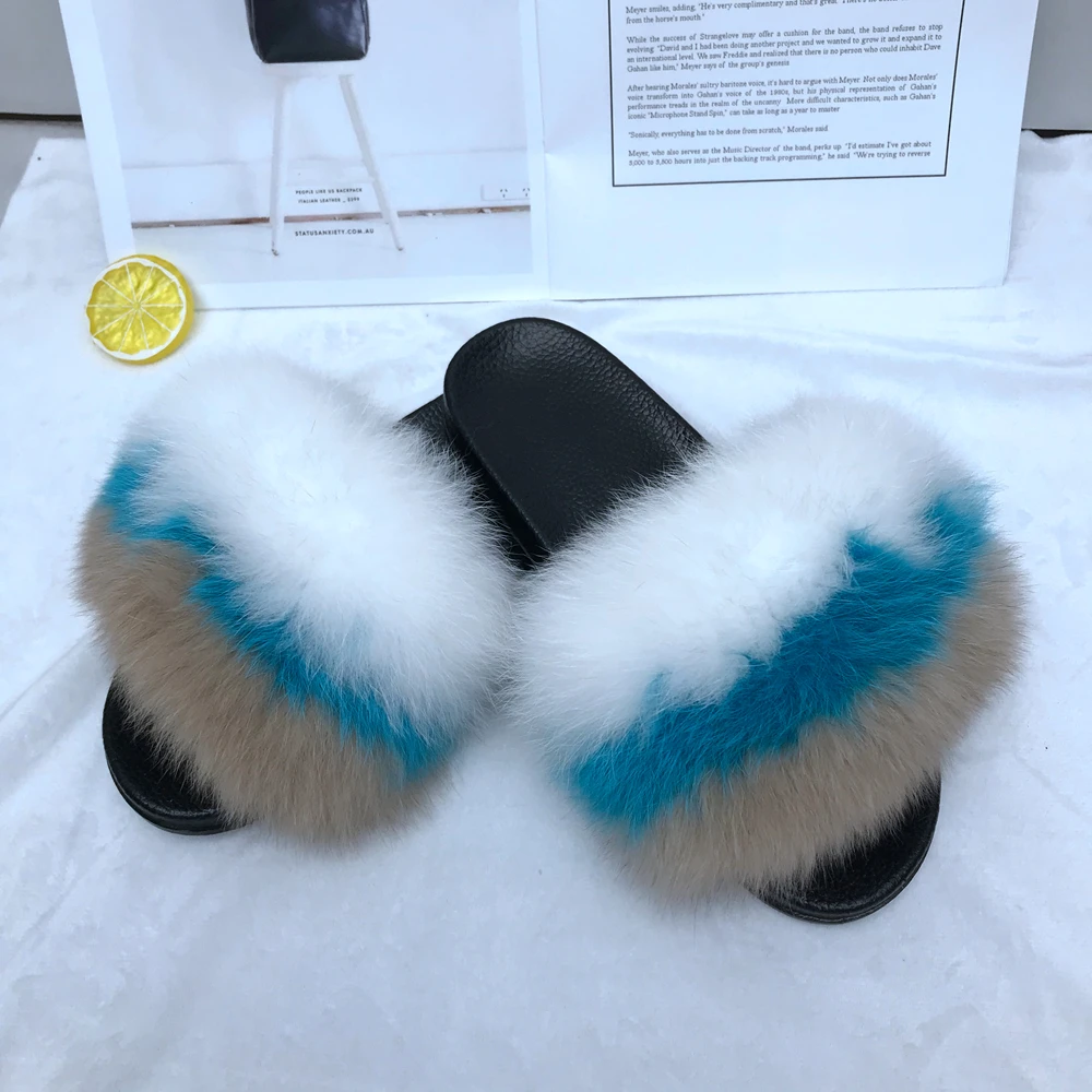 

summer wearing fox fur slippers for ladies, Customized color