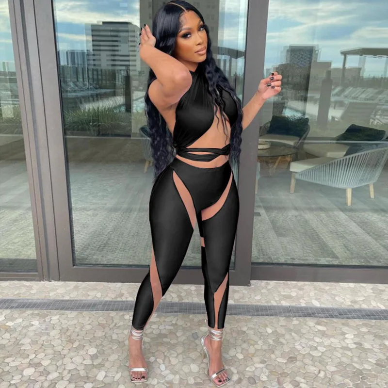 

Hot Sale M04659 - sexy halter sleeveless top and mesh pants women's sets