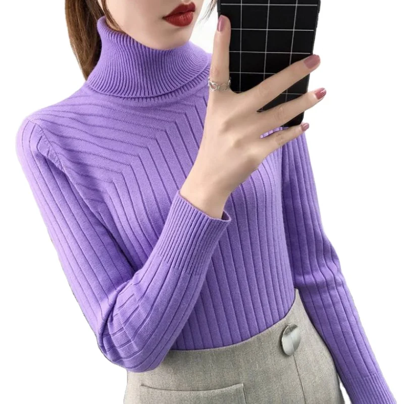 

Wholesale new arrival fashionable women turn-down collar slim fit plain color basic sweater jumper